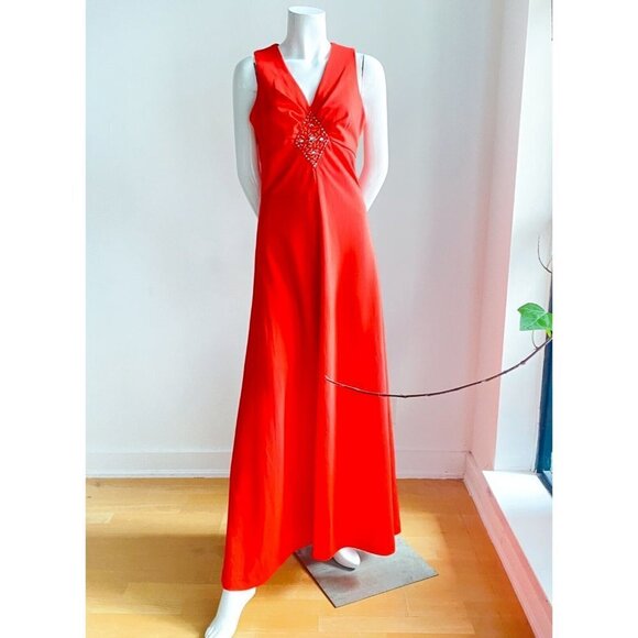 Vintage NuMode  Orange Red Sleveless Empure Waist Maxi Dress S - Picture 6 of 6